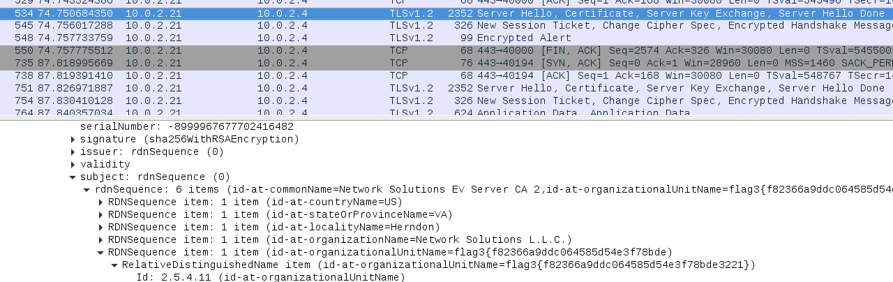 wireshark prompt shows ssl cert has a flag